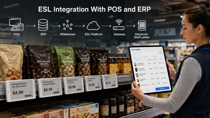 Электрондук текче энбелгилерин POS жана ERP менен интеграциялоо: API'лер, маалыматтарды картага с...